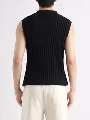 Black ribbed knit zip-up tank top with collar, sleeveless, men's undershirt.