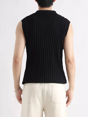 Black ribbed knit zip-up tank top with collar, sleeveless, men's undershirt.