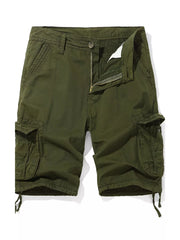Army green cargo shorts for men with multiple pockets and drawstring hems.
