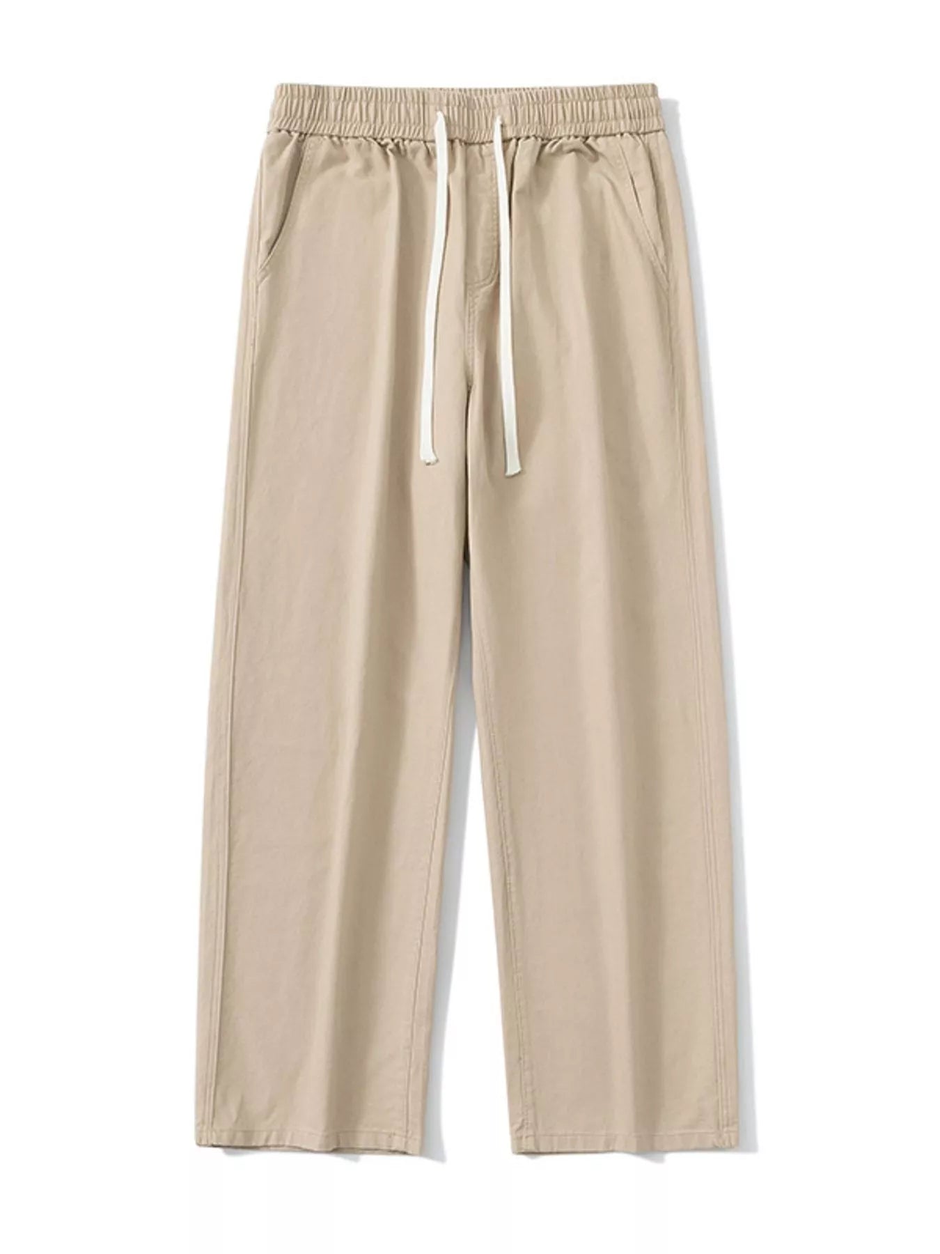 Khaki relaxed fit drawstring pants with elastic waist and white drawcords.