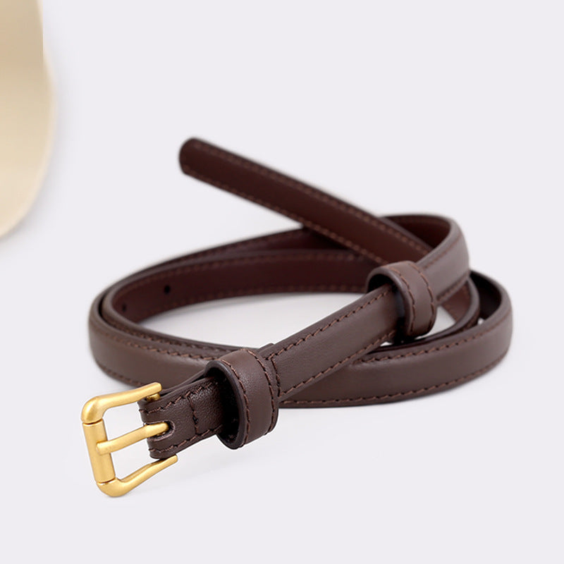 Brown cowhide leather belt with gold buckle and stitched detail