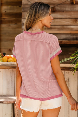 Dusty Pink ribbed tee with white stripes, contrast trim, and cuffed sleeves.