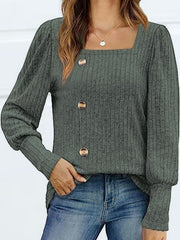 Dust Storm ribbed knit puff sleeve blouse with square neckline and button detail.