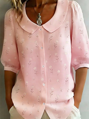 Peter Pan collar blouse in Dusty Pink with a delicate floral print and button-down front.