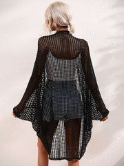 Black open-weave kimono duster with batwing sleeves and a mesh pattern.