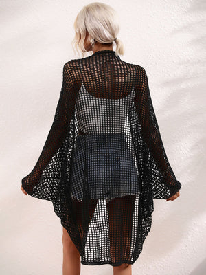 Black open-weave kimono duster with batwing sleeves and a mesh pattern.