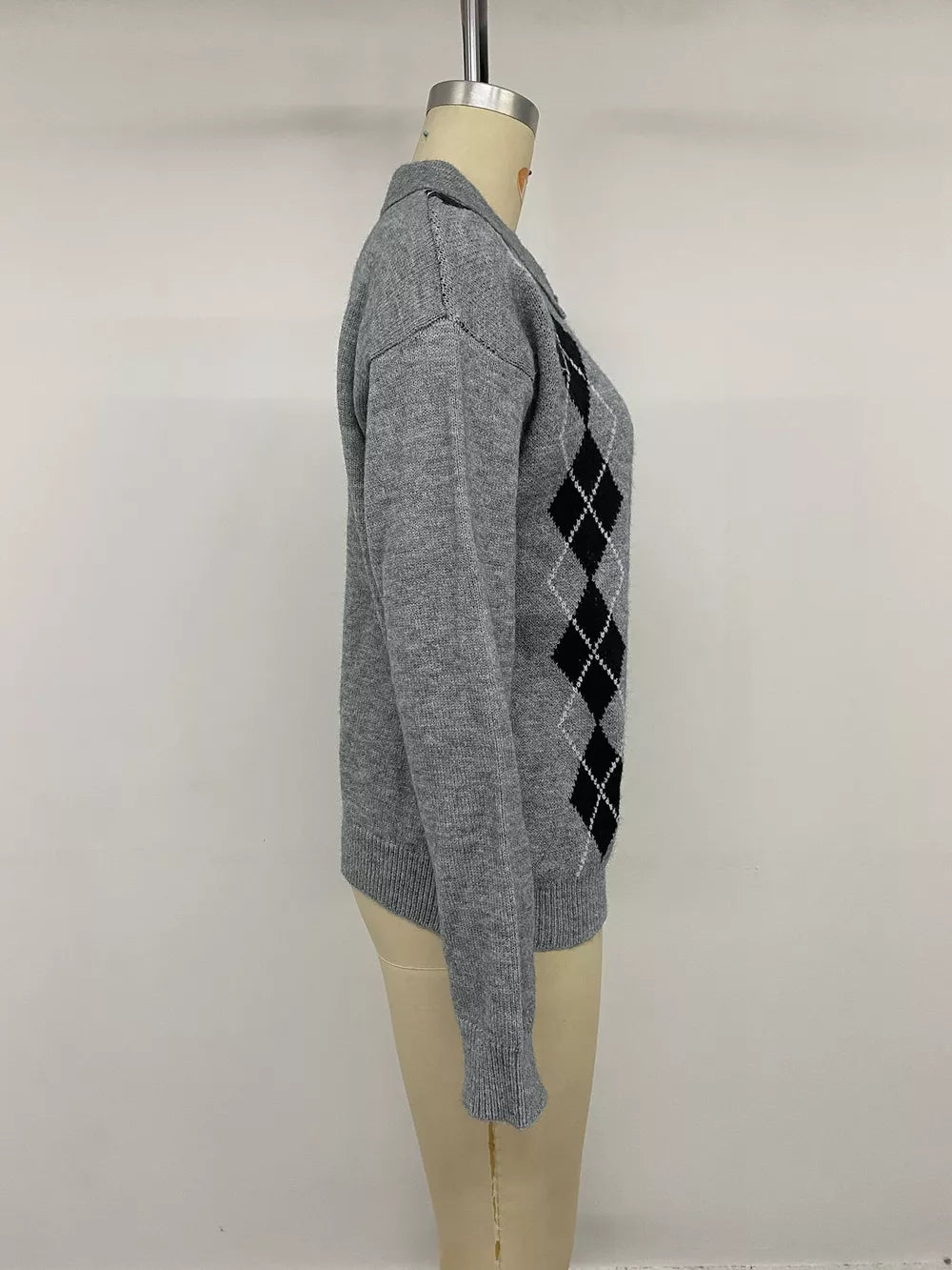 Argyle Patterned Polo Collar Sweater in Dark Gray, view 12