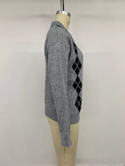 Argyle Patterned Polo Collar Sweater in Dark Gray, view 12