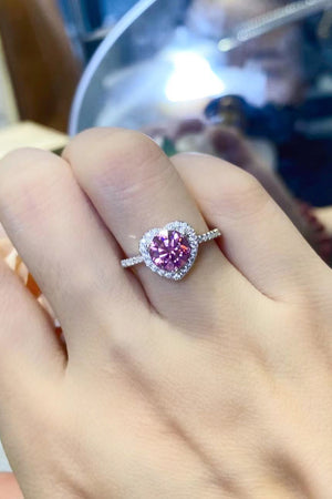 Pink moissanite heart halo ring with diamond band