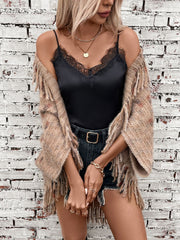 Textured fringe shawl cardigan in camel with a mixed-thread pattern and open front.