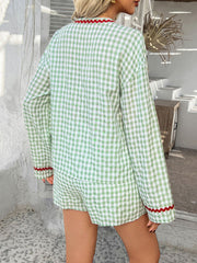Light green gingham loungewear set with red ric rac trim on collar and cuffs.