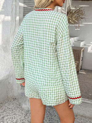 Light green gingham loungewear set with red ric rac trim on collar and cuffs.