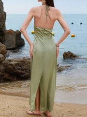 Graceful Halter Neck Maxi Dress With Floral Accents