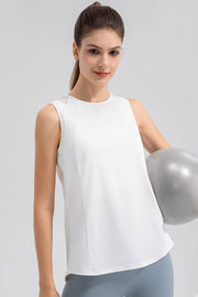 White mesh panel performance tank top with scoop neck and athletic cut.