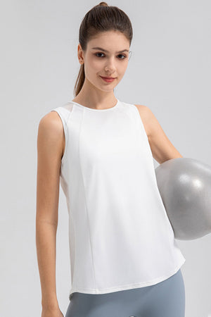 White mesh panel performance tank top with scoop neck and athletic cut.