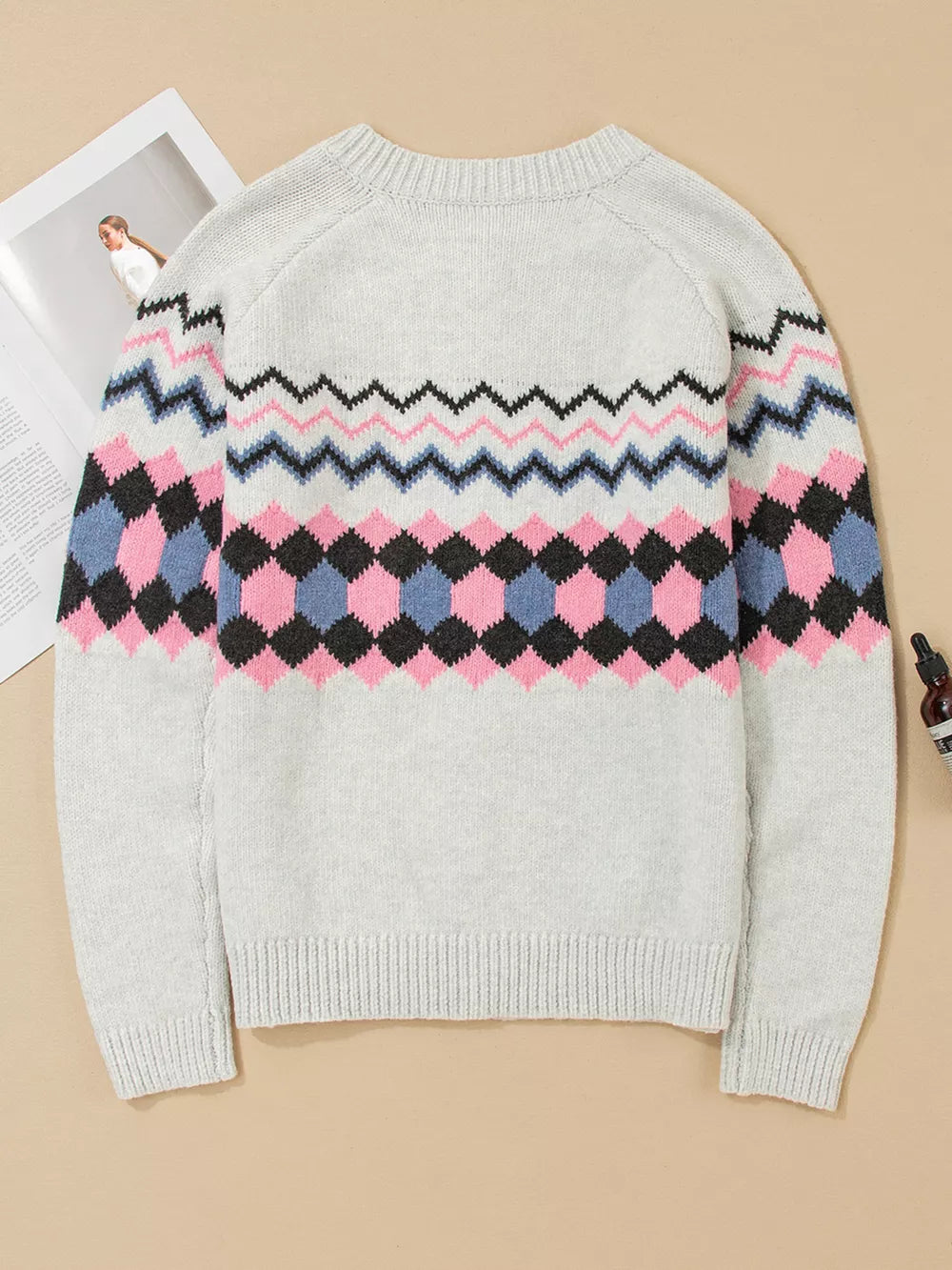 Stripe Geometric Button Up Sweater Cardigan in Light Gray, alternate angle