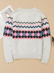 Stripe Geometric Button Up Sweater Cardigan in Light Gray, alternate angle