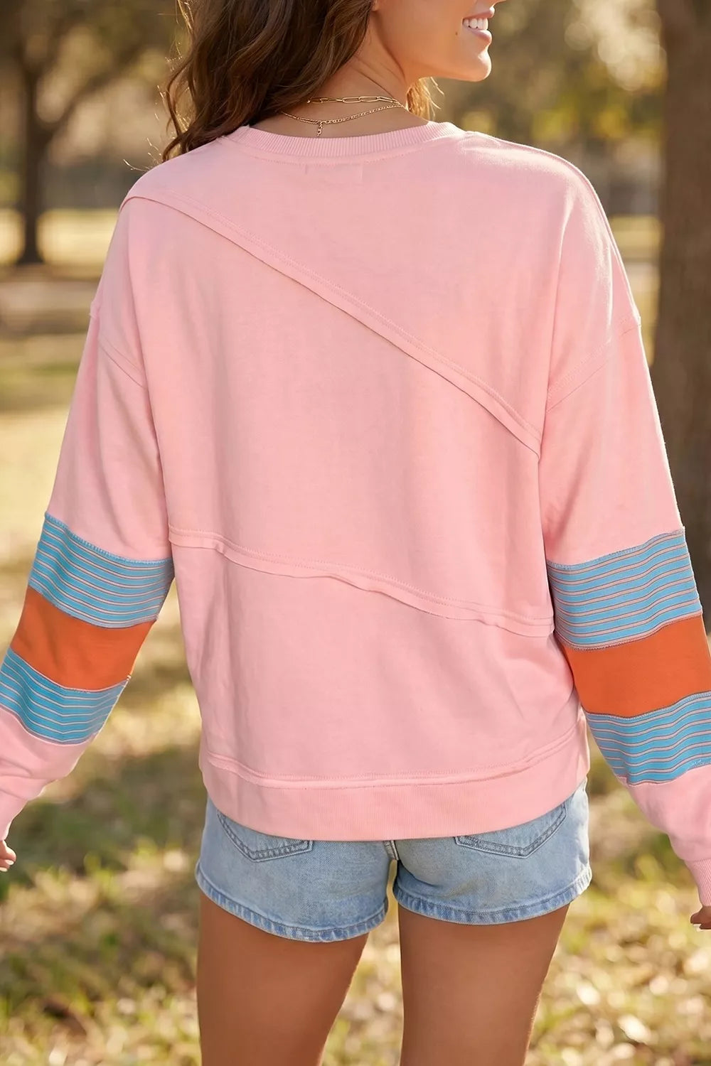 Colorblock Striped Patchwork Long Sleeve Blouse, side view
