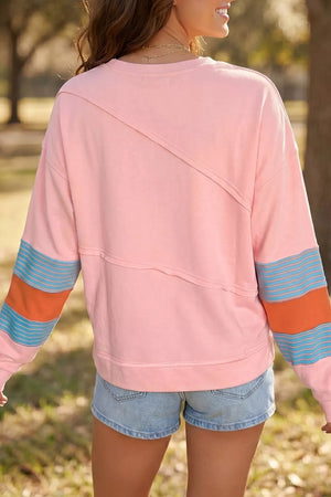 Colorblock Striped Patchwork Long Sleeve Blouse, side view