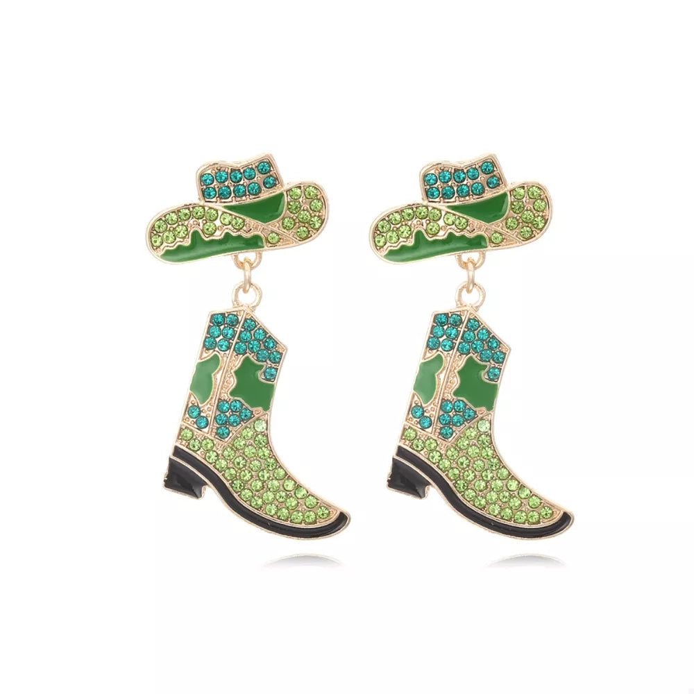 Green cowboy boot and hat dangle earrings with rhinestones