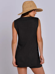 Black textured knit tank top and shorts set with slit sides.