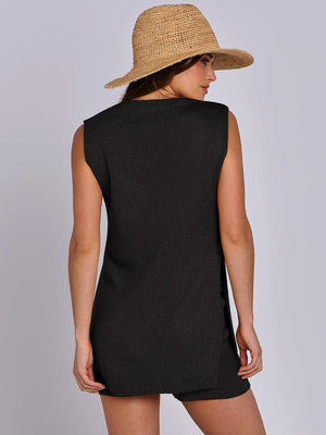 Black textured knit tank top and shorts set with slit sides.