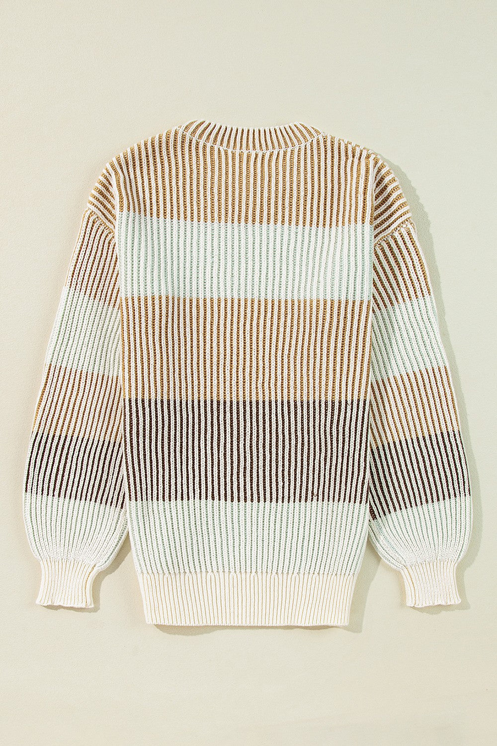 Ribbed stripe knit sweater with balloon sleeves in tan, dusty blue, and cream acrylic.