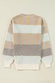Ribbed stripe knit sweater with balloon sleeves in tan, dusty blue, and cream acrylic.