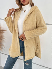 Pastel yellow teddy bear hooded button-up jacket with button details