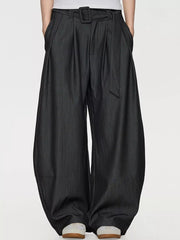 Men's dark gray wide-leg dress pants with belt and pleats
