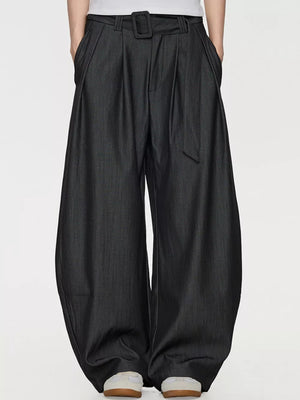 Men's dark gray wide-leg dress pants with belt and pleats