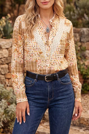 Floral Lace Trim Button Down Shirt in Tan, side view