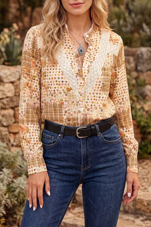 Floral Lace Trim Button Down Shirt in Tan, side view