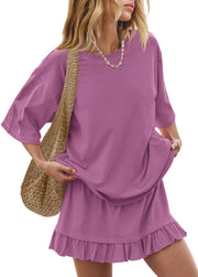 Violet ruffled tee and skirt set with relaxed fit and short sleeves.