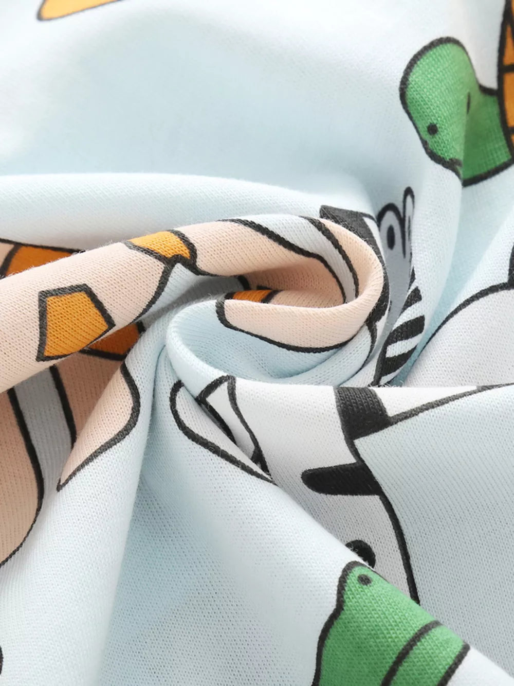 Baby t-shirt in light blue with cartoon animal print, short sleeves.
