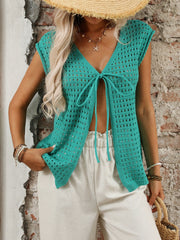 Turquoise open-knit sleeveless cardigan with tie-front detail and V-neck