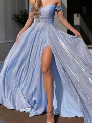 Glitter off-shoulder maxi dress with cinched waist and high slit in light blue.