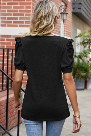 Black puffed sleeve v-neck tee with ruffled shoulder detail