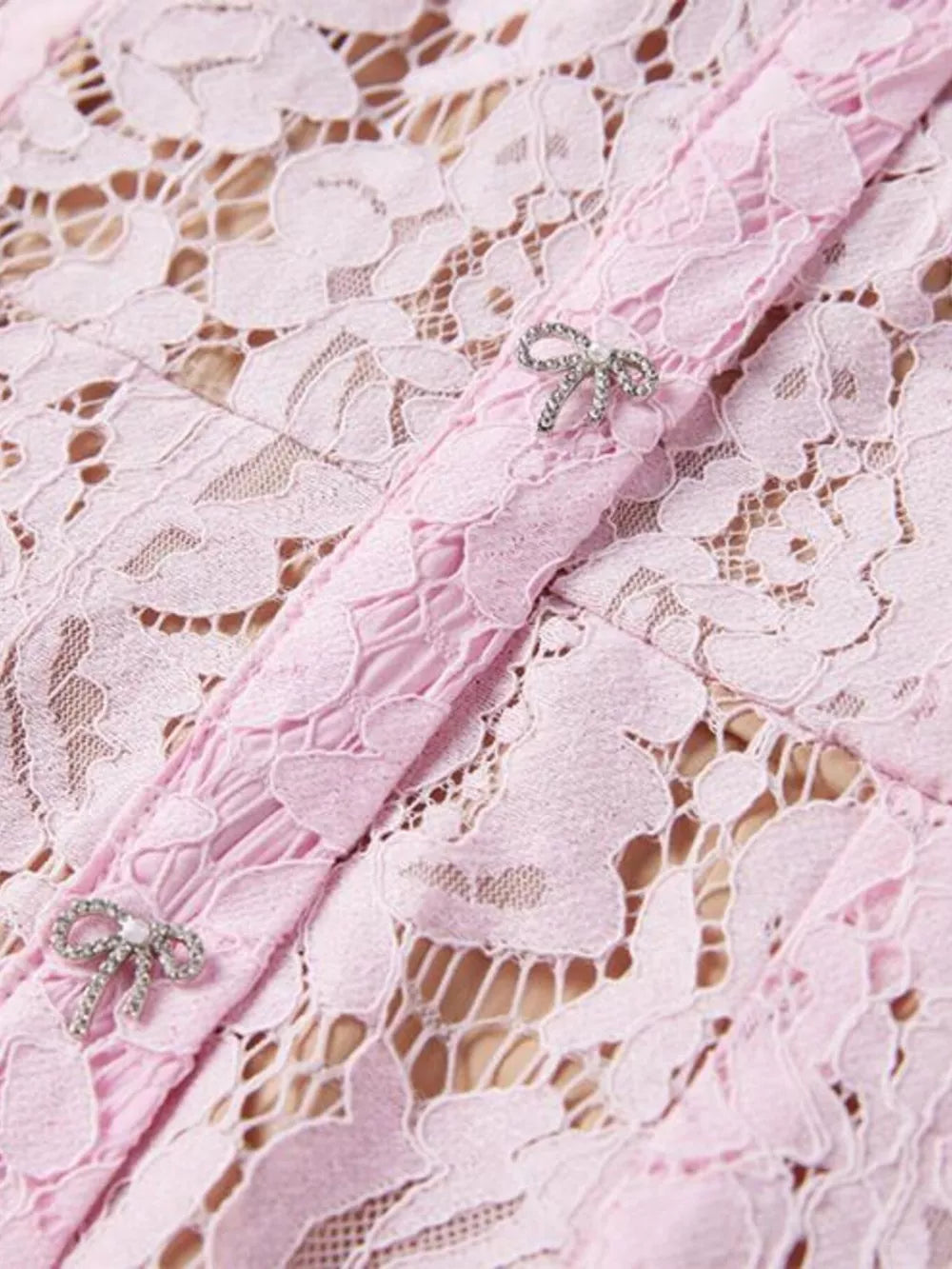 Powder pink lace mermaid dress with crystal bow details