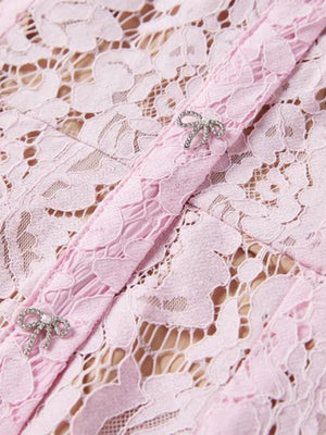 Powder pink lace mermaid dress with crystal bow details