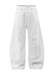 White cotton wide-leg men's denim trousers with a button closure and casual fit.