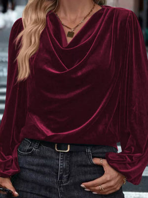 Burgundy velvet blouse with cowl neck and long sleeves
