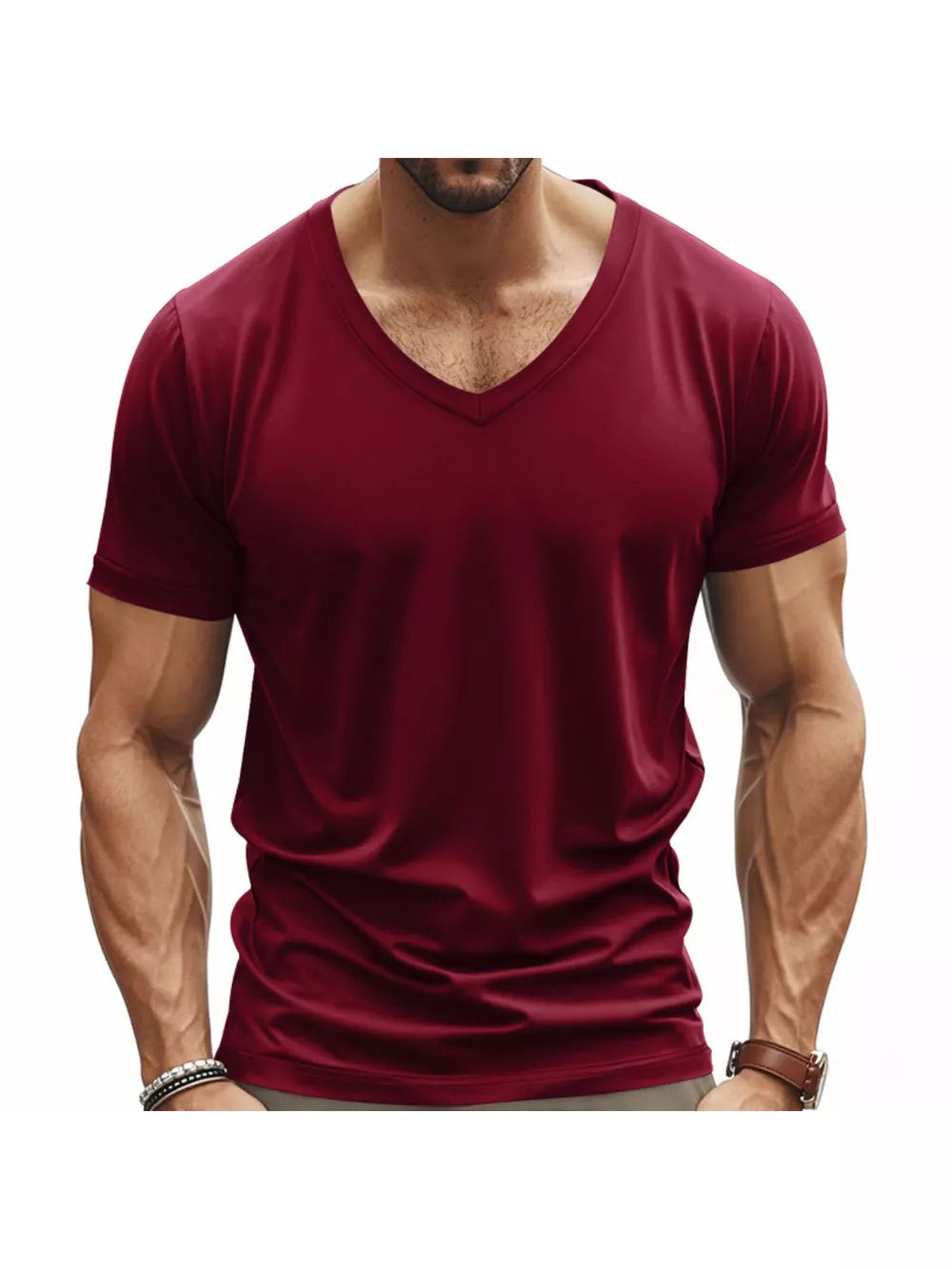 Men's wine red slim fit V-neck t-shirt with short sleeves and a casual style.