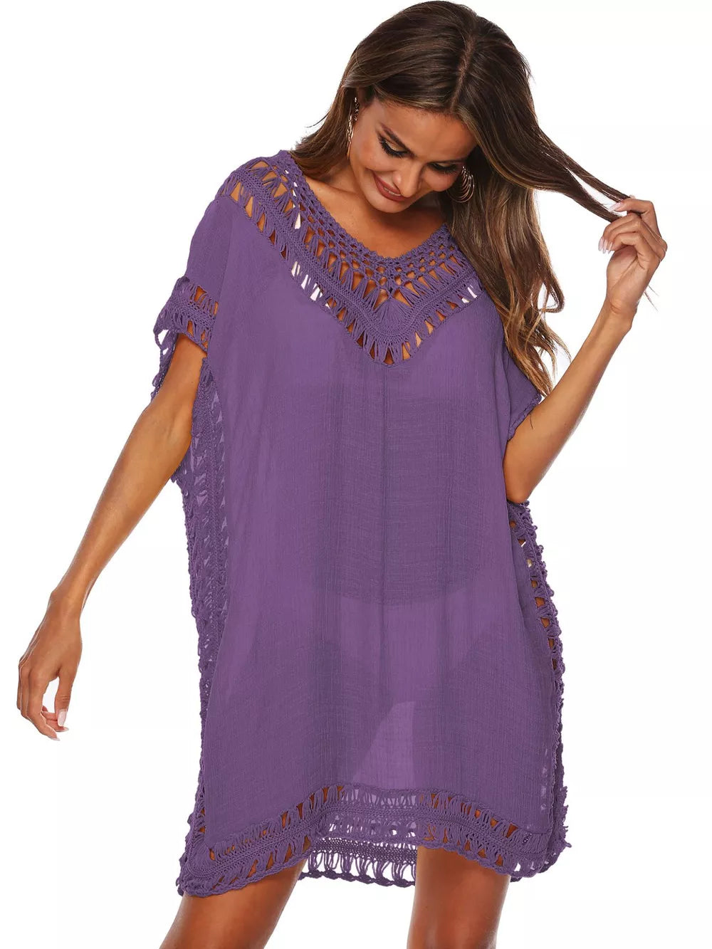 Dark Purple crochet V-neck cover-up dress with cutout details and fringe hem.