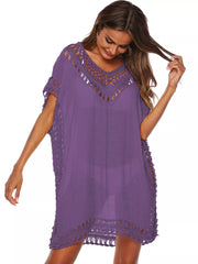 Dark Purple crochet V-neck cover-up dress with cutout details and fringe hem.