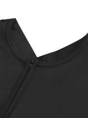 Black short-sleeve romper with a zip front and crew neck detail.