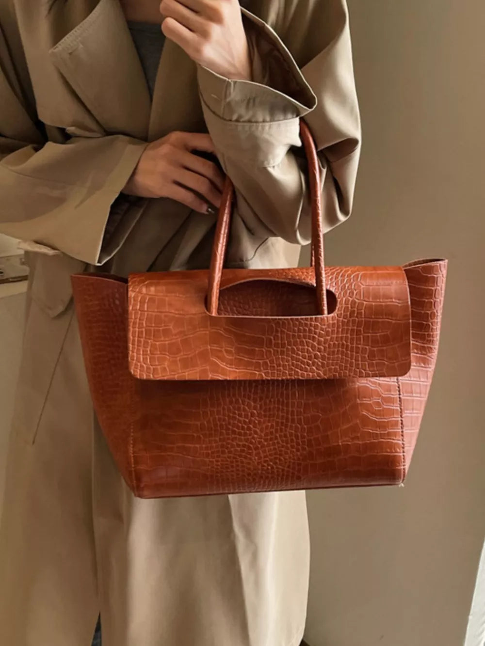 Crocodile-embossed Shoulder Bag in Brown, alternate angle