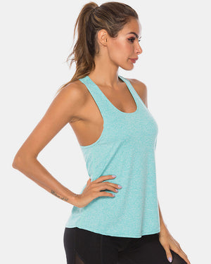 Aqua racerback performance tank top with a scoop neckline.