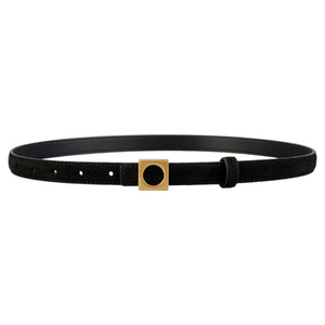 Black cowhide leather belt with square gold buckle and circle detail