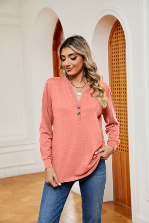 Coral long sleeve henley top with v-neck and button detail